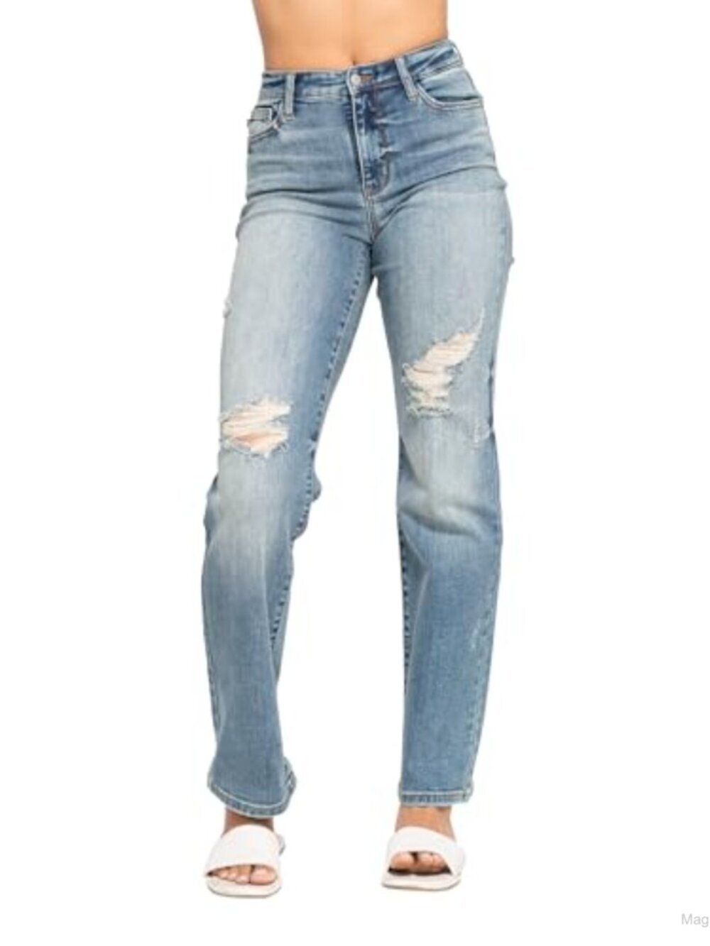 High Waisted Dad Straight Jeans with Destroyed Details